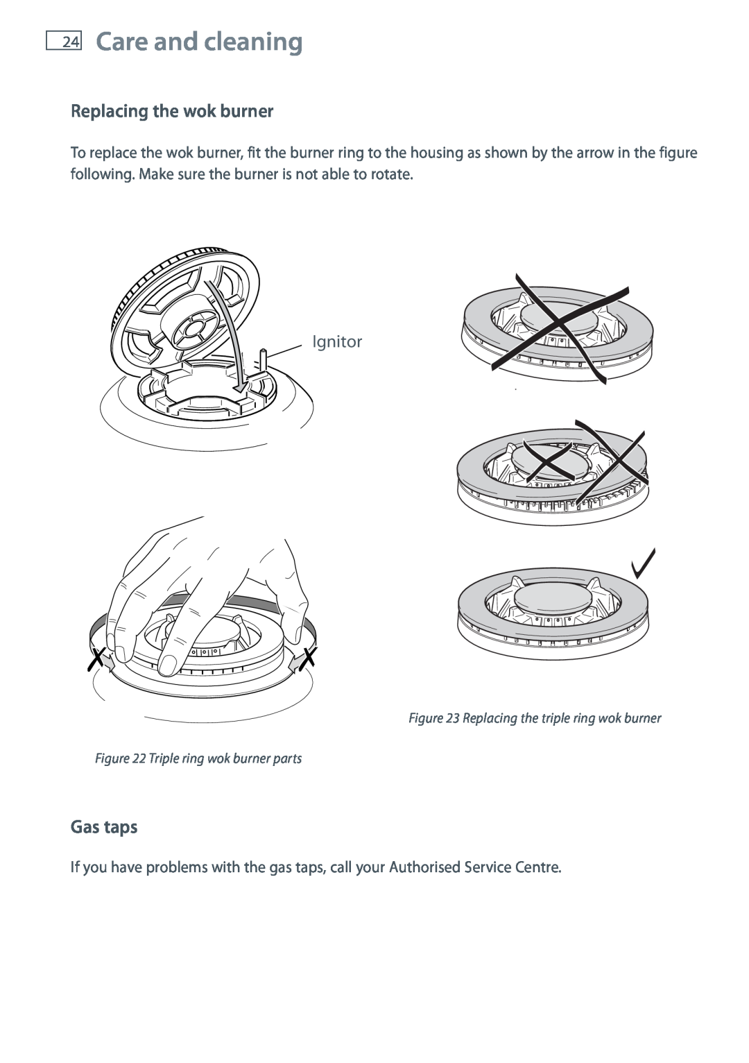 Fisher & Paykel OR60 installation instructions Replacing the wok burner, Gas taps, Ignitor, Care and cleaning 