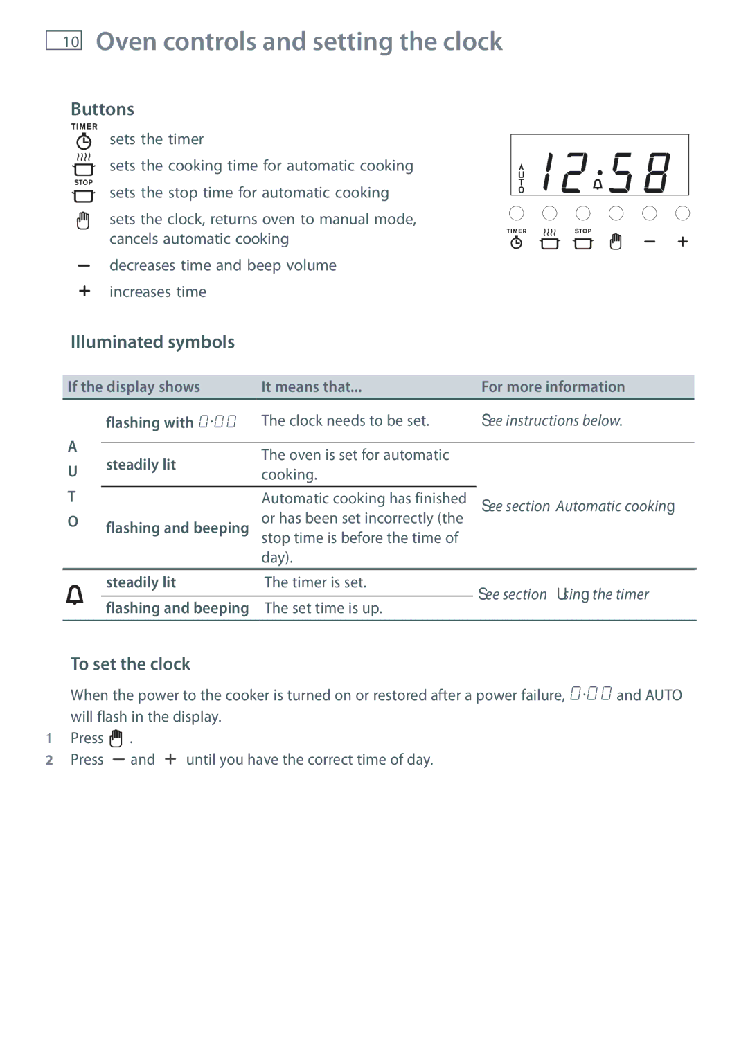 Fisher & Paykel OR61 installation instructions Buttons, Illuminated symbols, To set the clock 