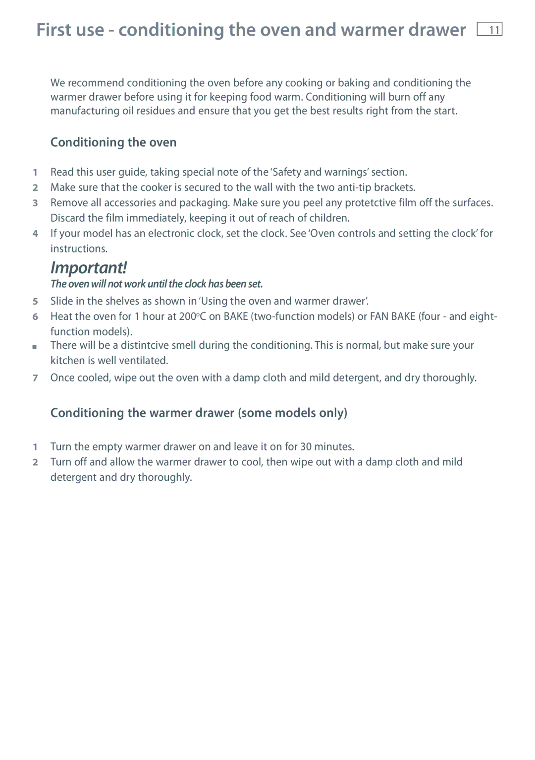 Fisher & Paykel OR61 installation instructions Conditioning the oven, Conditioning the warmer drawer some models only 