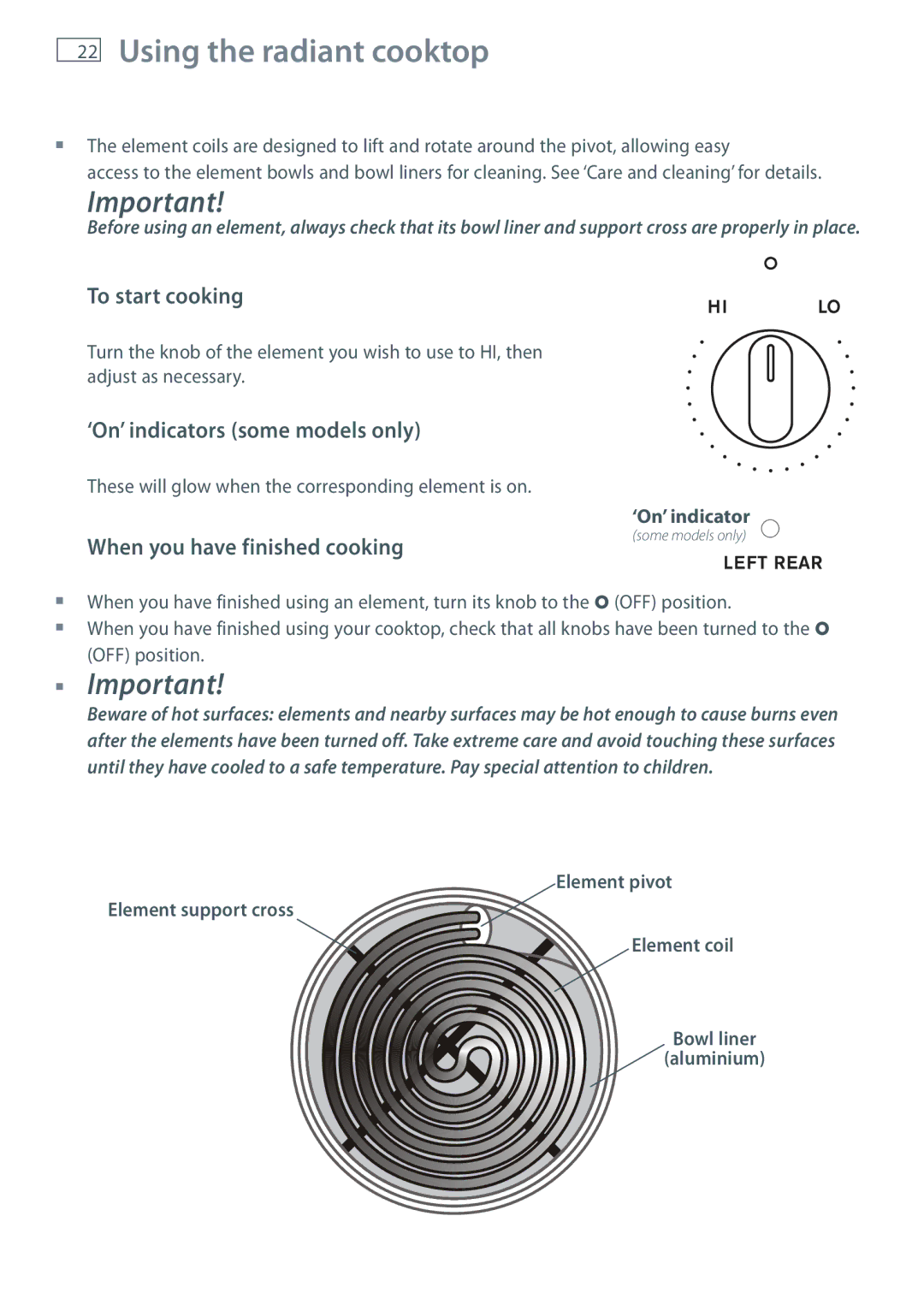 Fisher & Paykel OR61 installation instructions Using the radiant cooktop, ‘On’ indicators some models only 