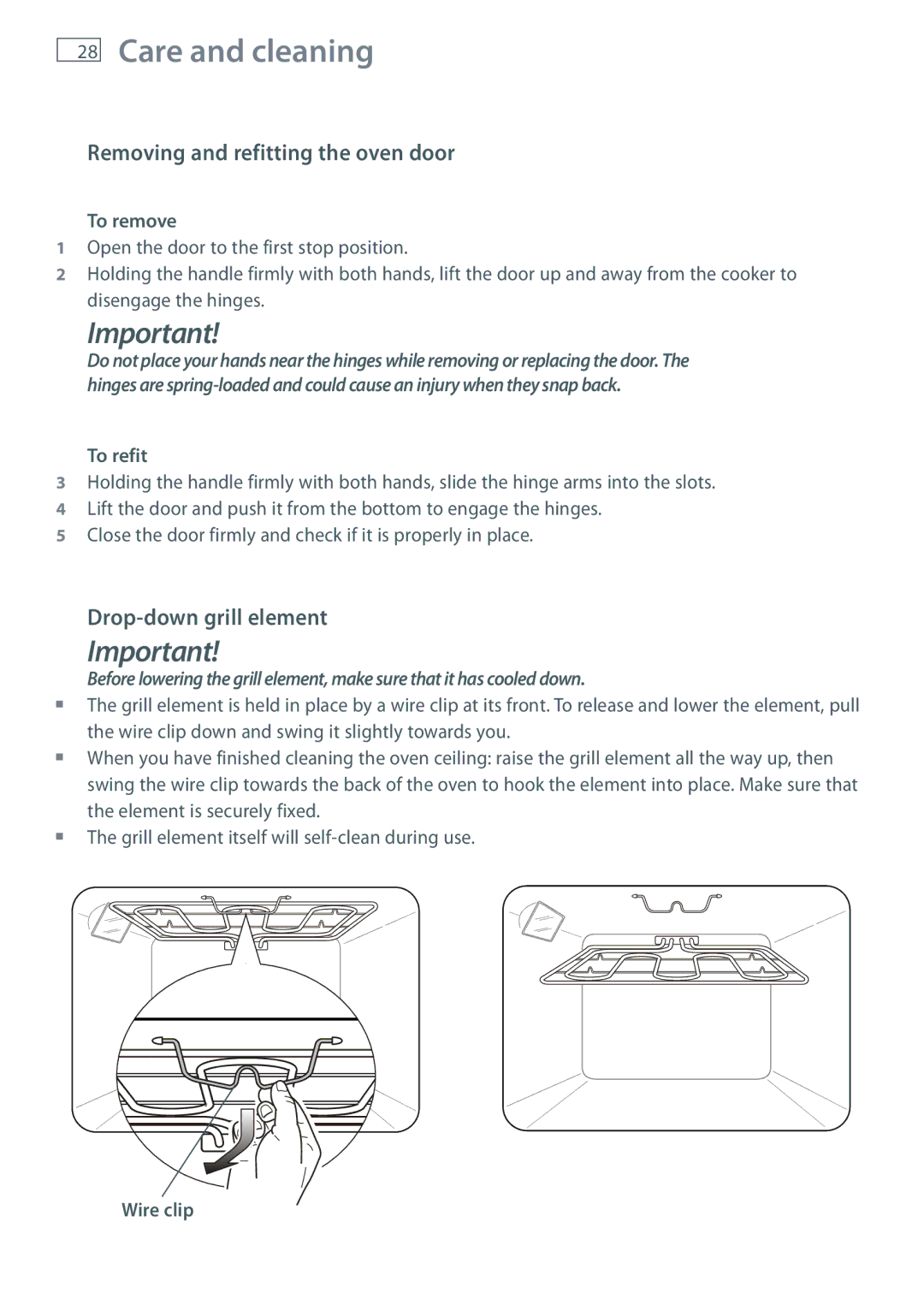 Fisher & Paykel OR61 installation instructions Removing and refitting the oven door, Drop-down grill element 