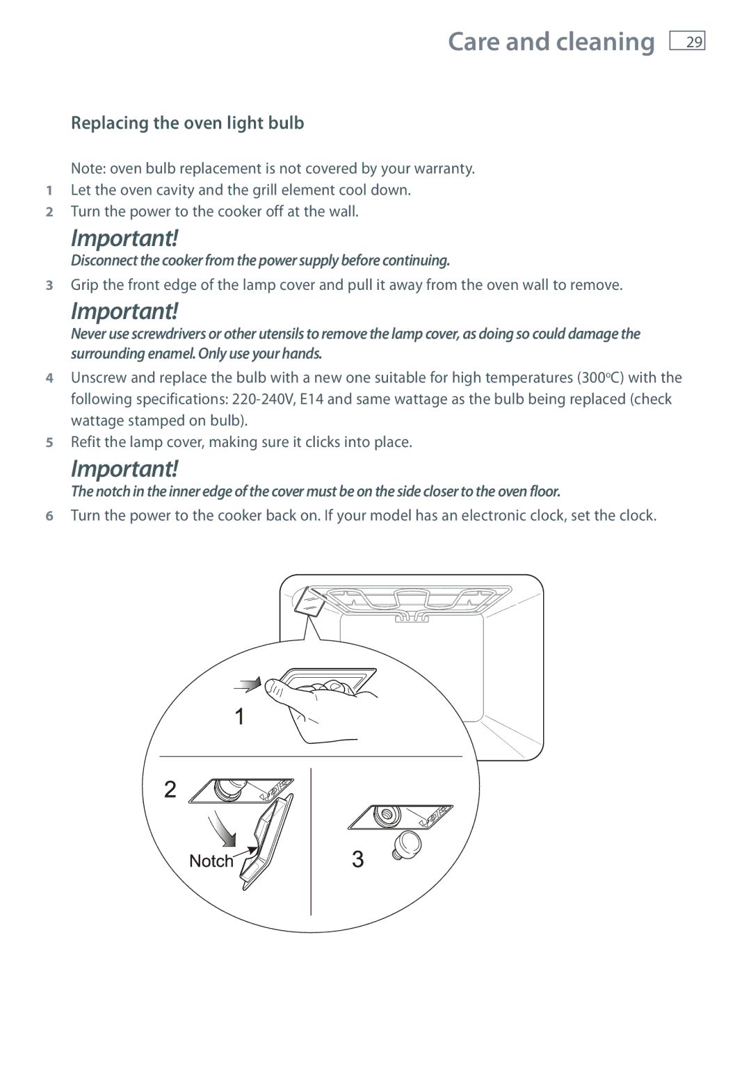 Fisher & Paykel OR61 installation instructions Replacing the oven light bulb 