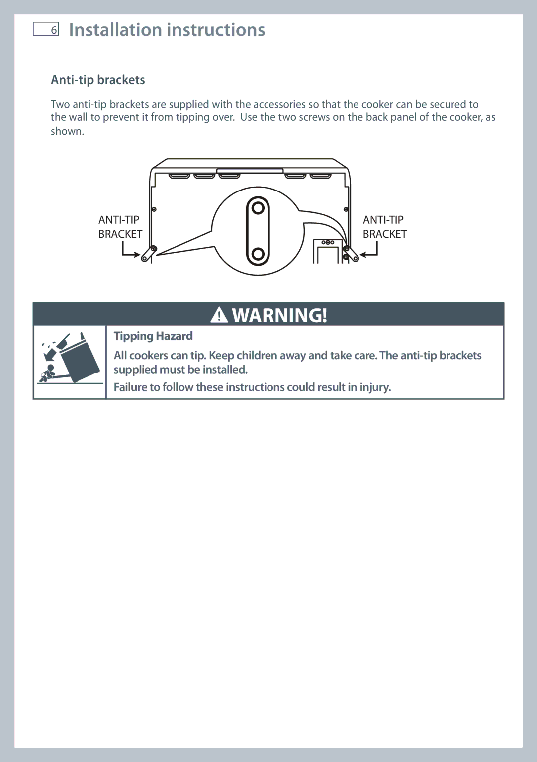 Fisher & Paykel OR61 installation instructions Anti-tip brackets 