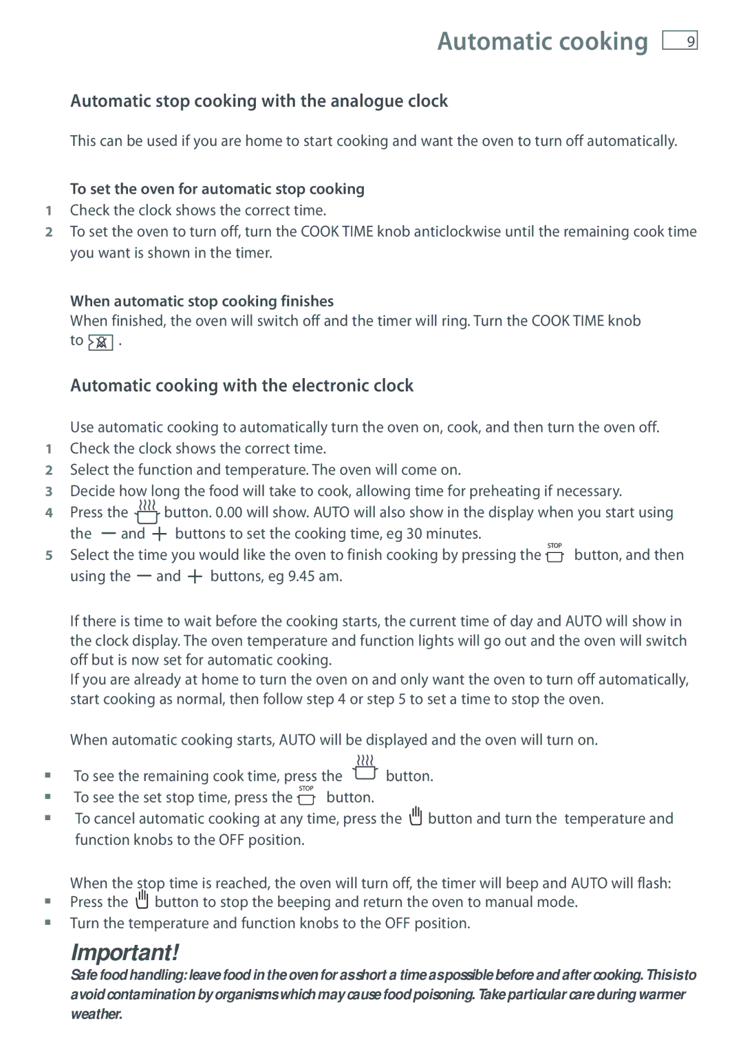 Fisher & Paykel OR61 manual Automatic stop cooking with the analogue clock, Automatic cooking with the electronic clock 