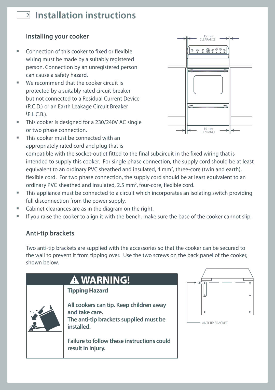 Fisher & Paykel OR61 manual Installation instructions, Installing your cooker, Anti-tip brackets 