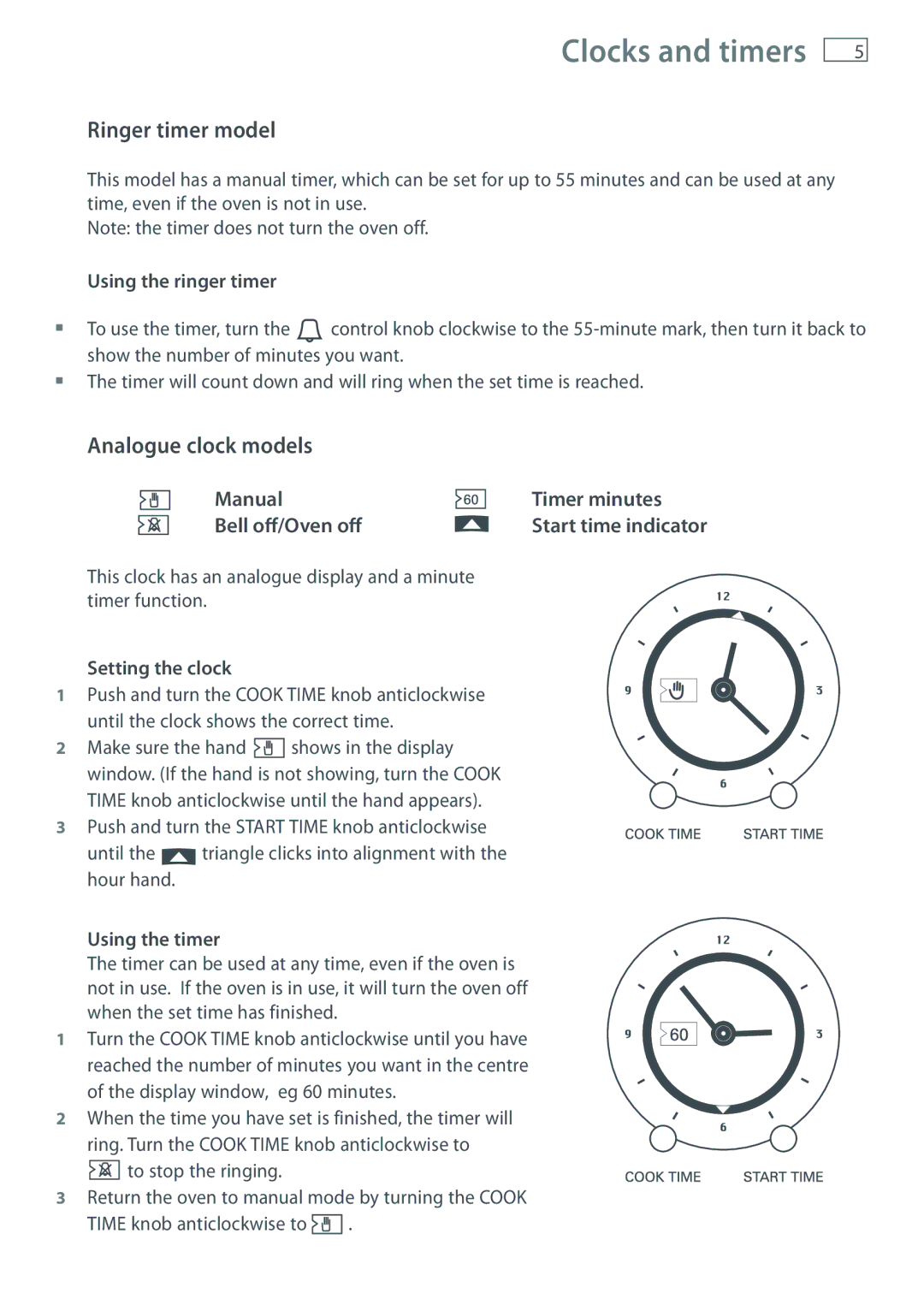 Fisher & Paykel OR61 manual Clocks and timers, Ringer timer model, Analogue clock models 