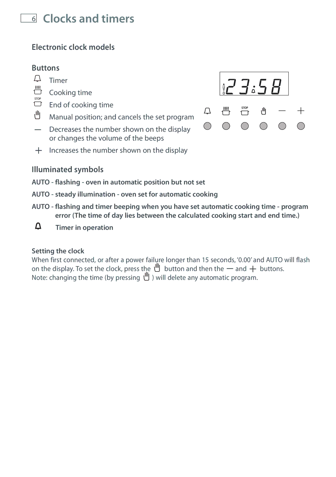 Fisher & Paykel OR61 manual Electronic clock models Buttons, Illuminated symbols, Timer in operation Setting the clock 