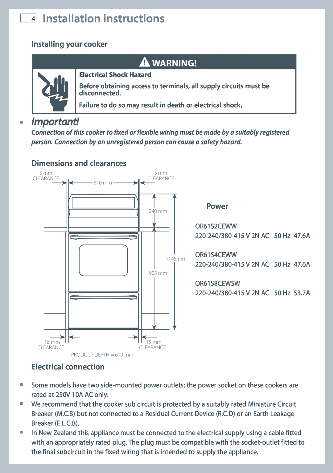 Fisher & Paykel OR61 Installation instructions, Installing your cooker, Dimensions and clearances, Electrical connection 