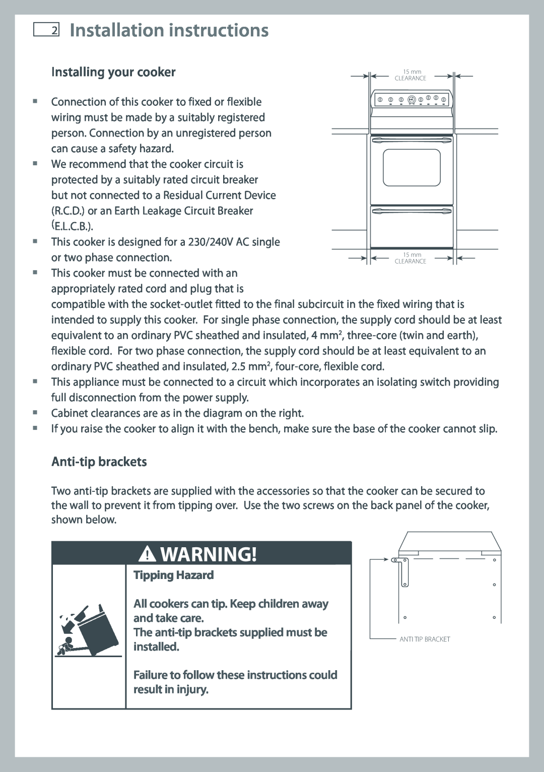 Fisher & Paykel OR61 manual Installation instructions, Installing your cooker, Anti-tip brackets 