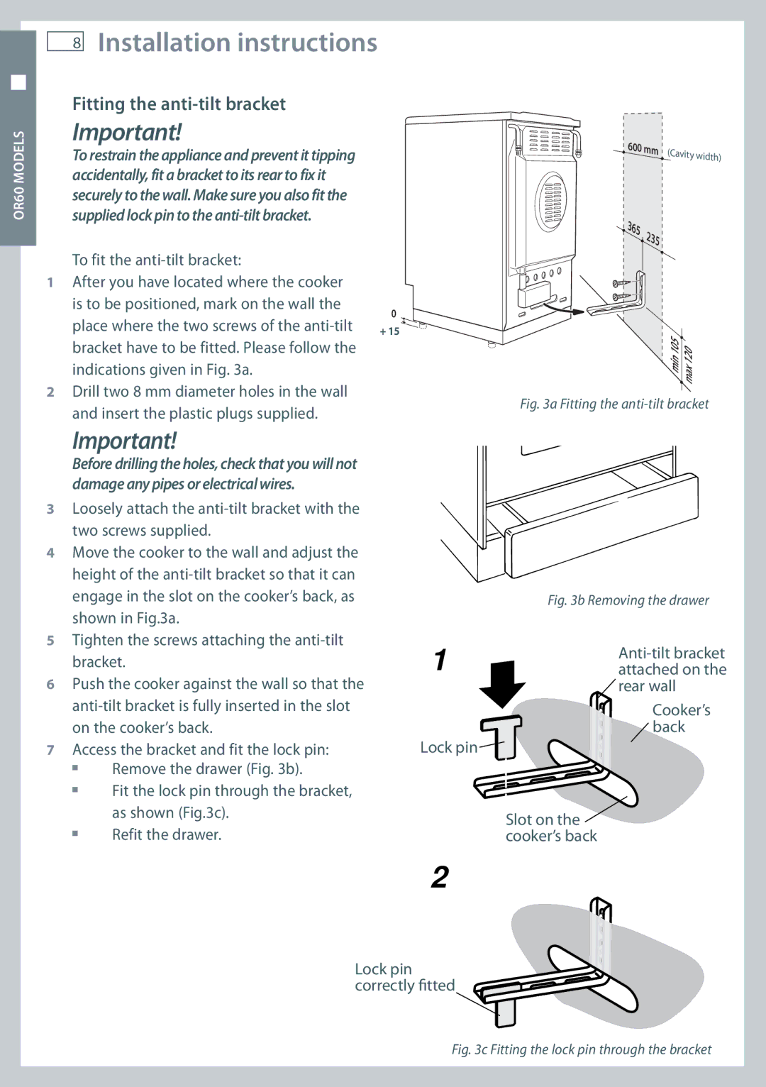 Fisher & Paykel OR90, OR60 installation instructions Fitting the anti-tilt bracket 