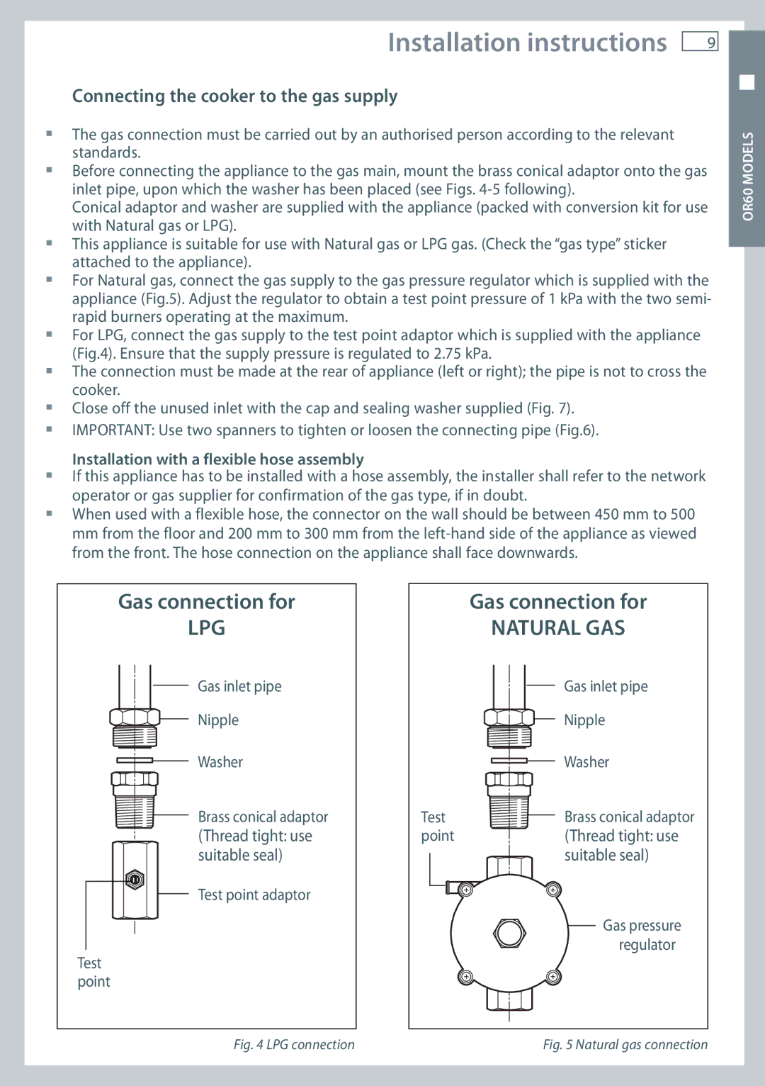 Fisher & Paykel OR60, OR90 Connecting the cooker to the gas supply, Installation with a flexible hose assembly 