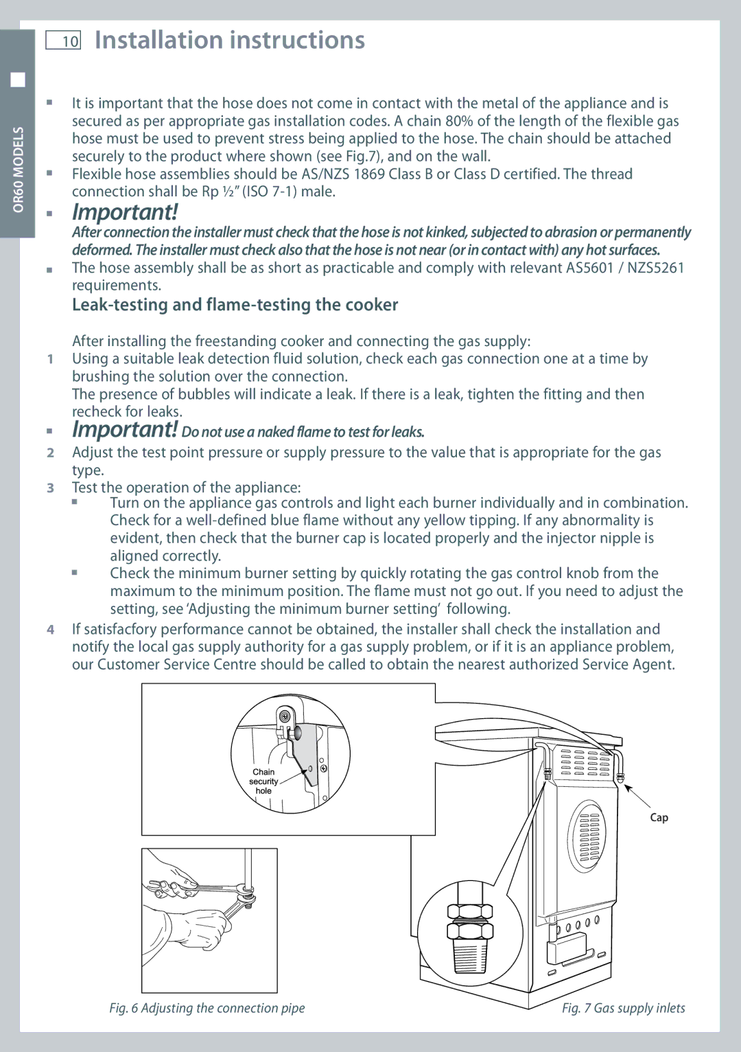 Fisher & Paykel OR90 Leak-testing and flame-testing the cooker, Important! Do not use a naked flame to test for leaks 