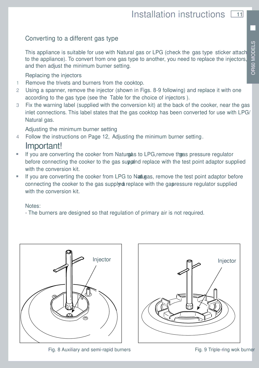 Fisher & Paykel OR60, OR90 installation instructions Converting to a different gas type, Replacing the injectors 