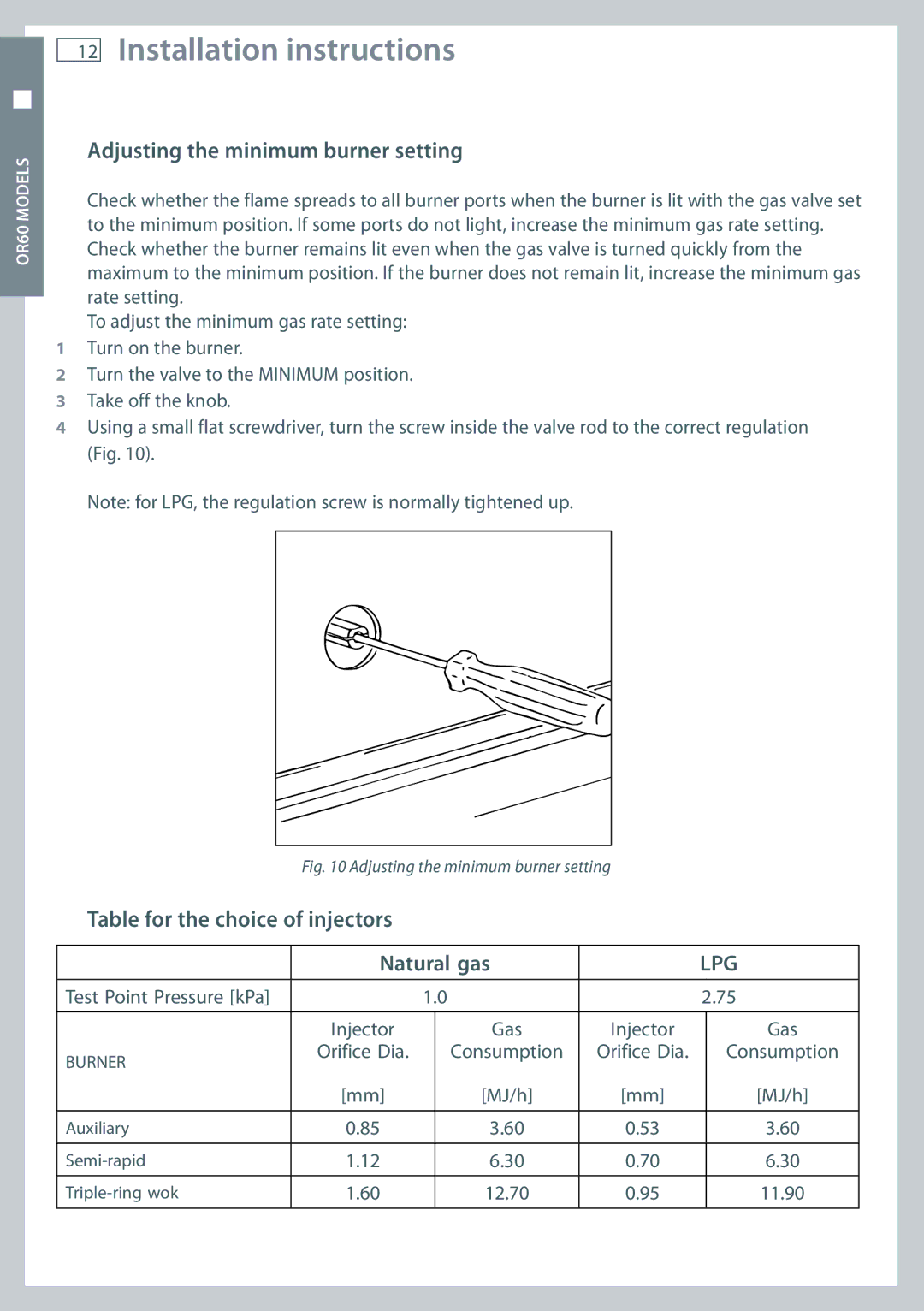 Fisher & Paykel OR90, OR60 installation instructions Adjusting the minimum burner setting, Table for the choice of injectors 