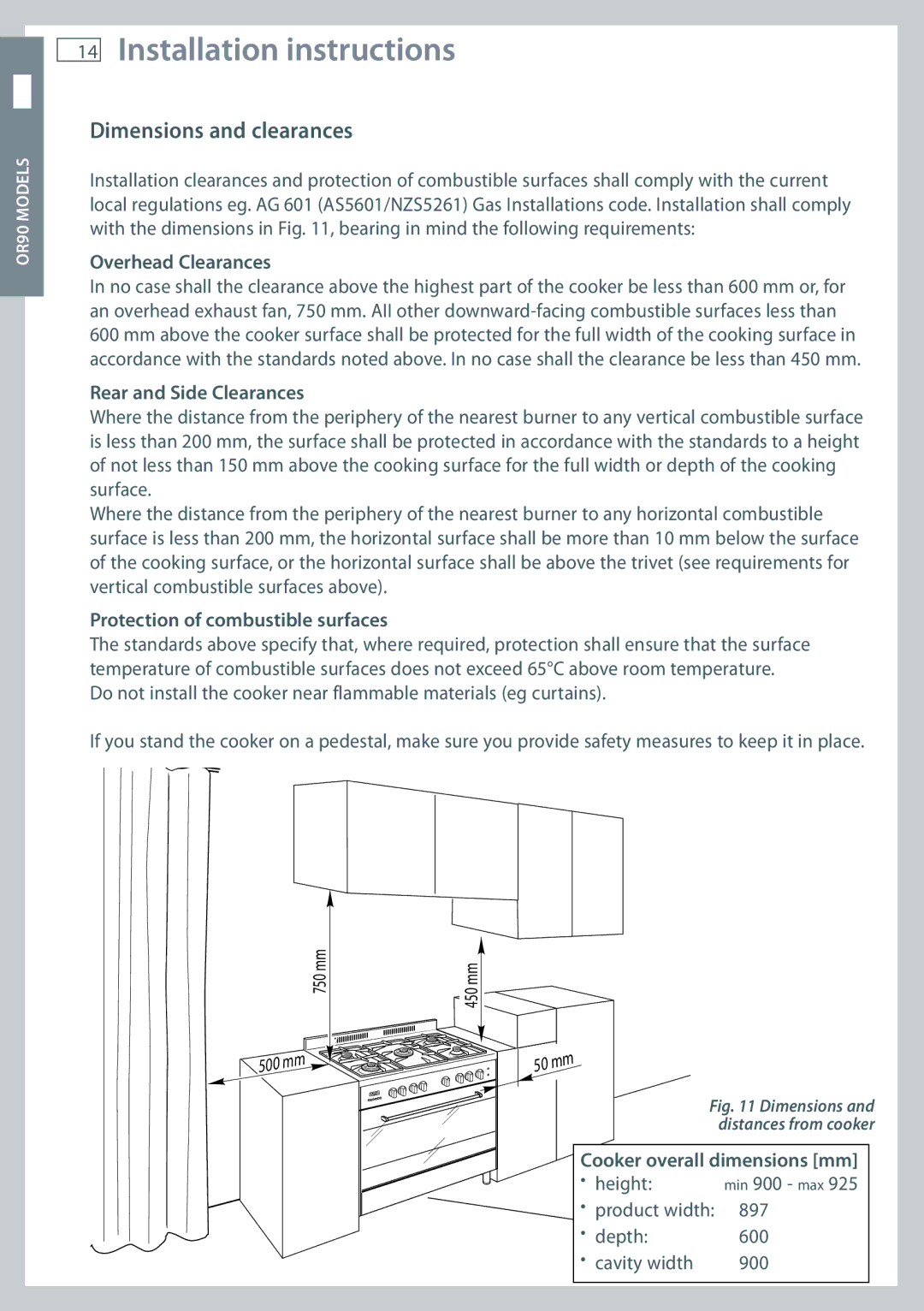 Fisher & Paykel OR90, OR60 installation instructions Product width Depth 600 Cavity width 900 