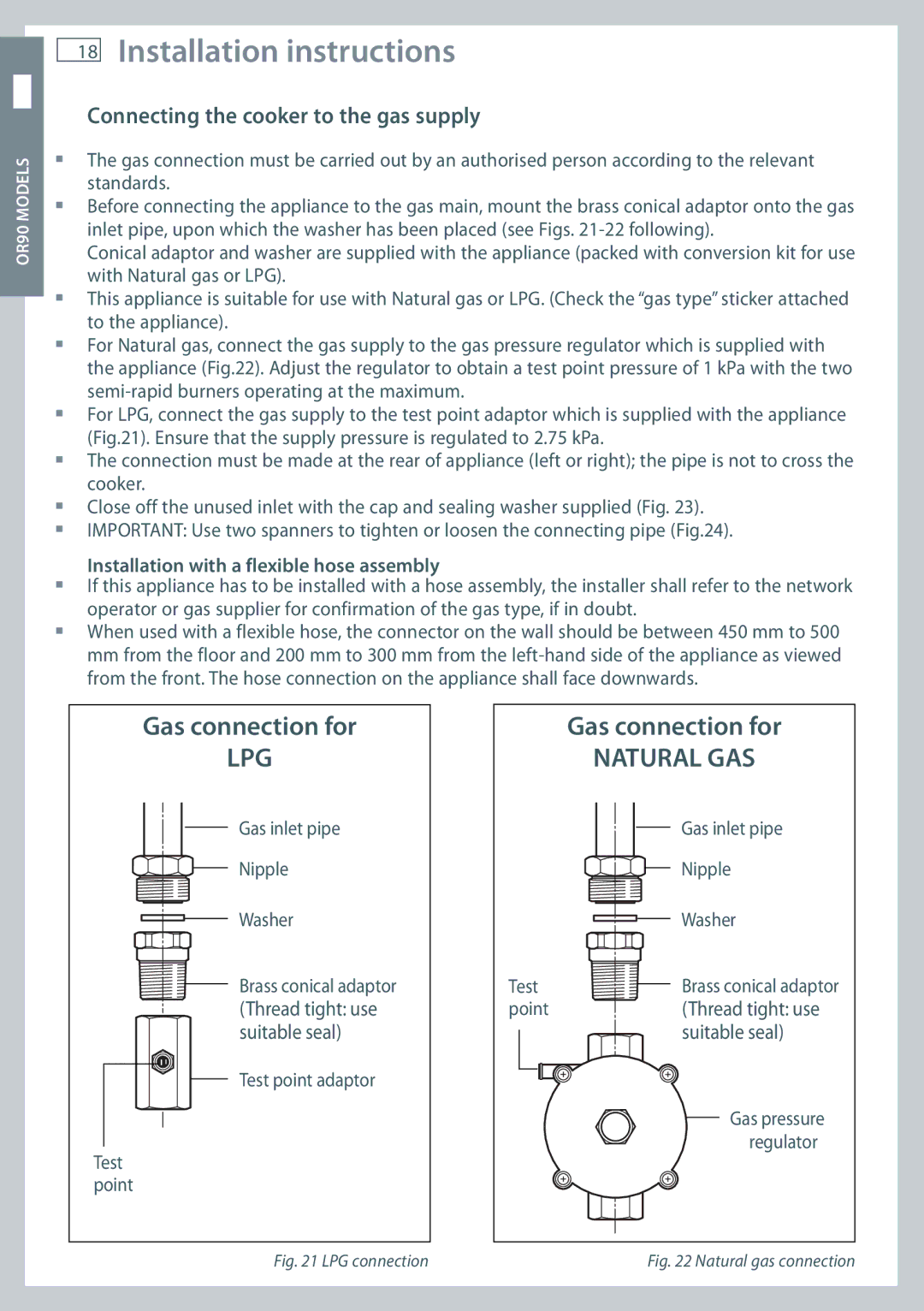 Fisher & Paykel OR90, OR60 installation instructions Gas pressure 