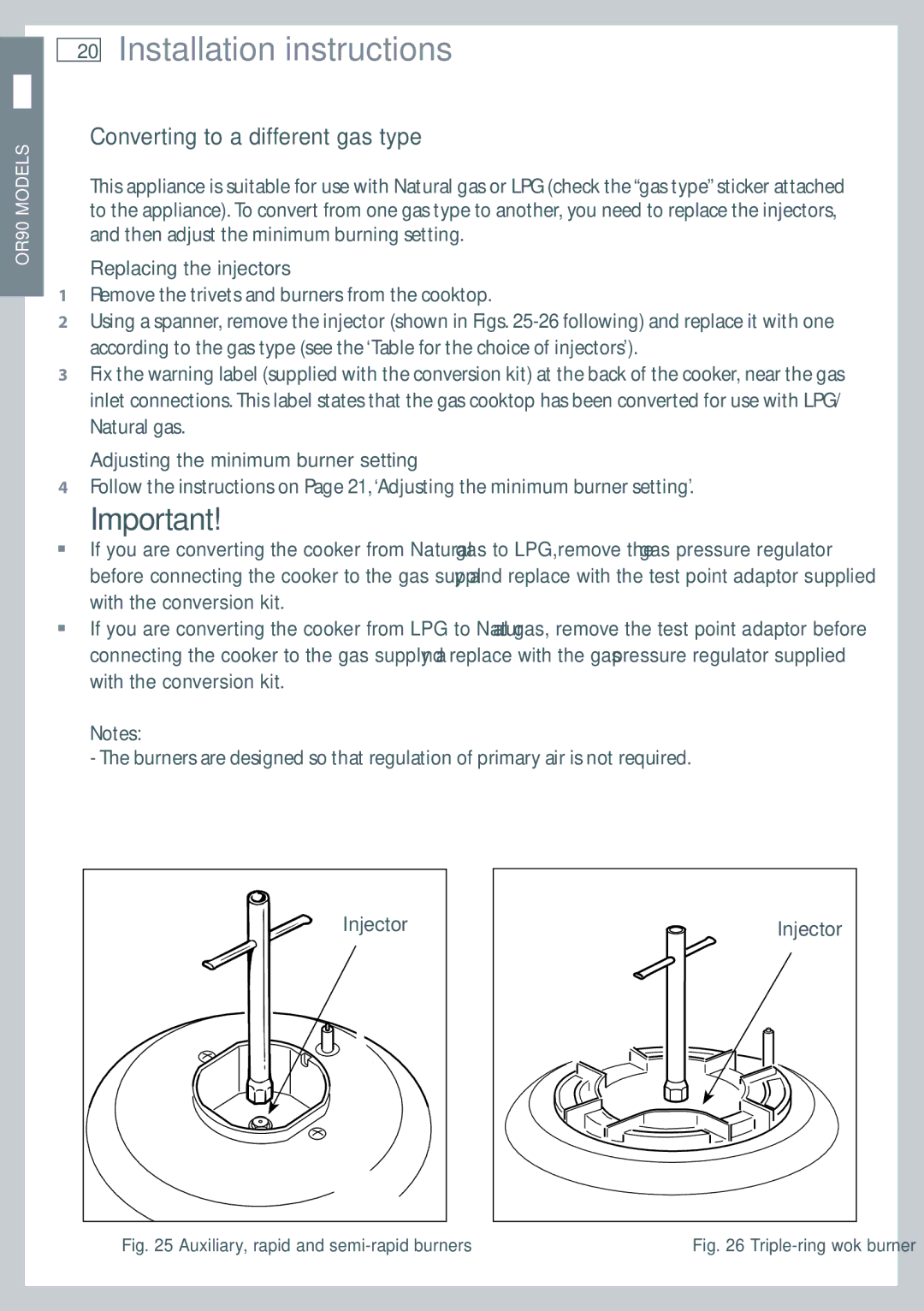 Fisher & Paykel OR90, OR60 installation instructions Auxiliary, rapid and semi-rapid burners 