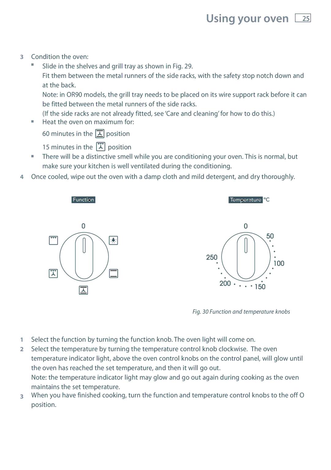 Fisher & Paykel OR60, OR90 installation instructions Function and temperature knobs 