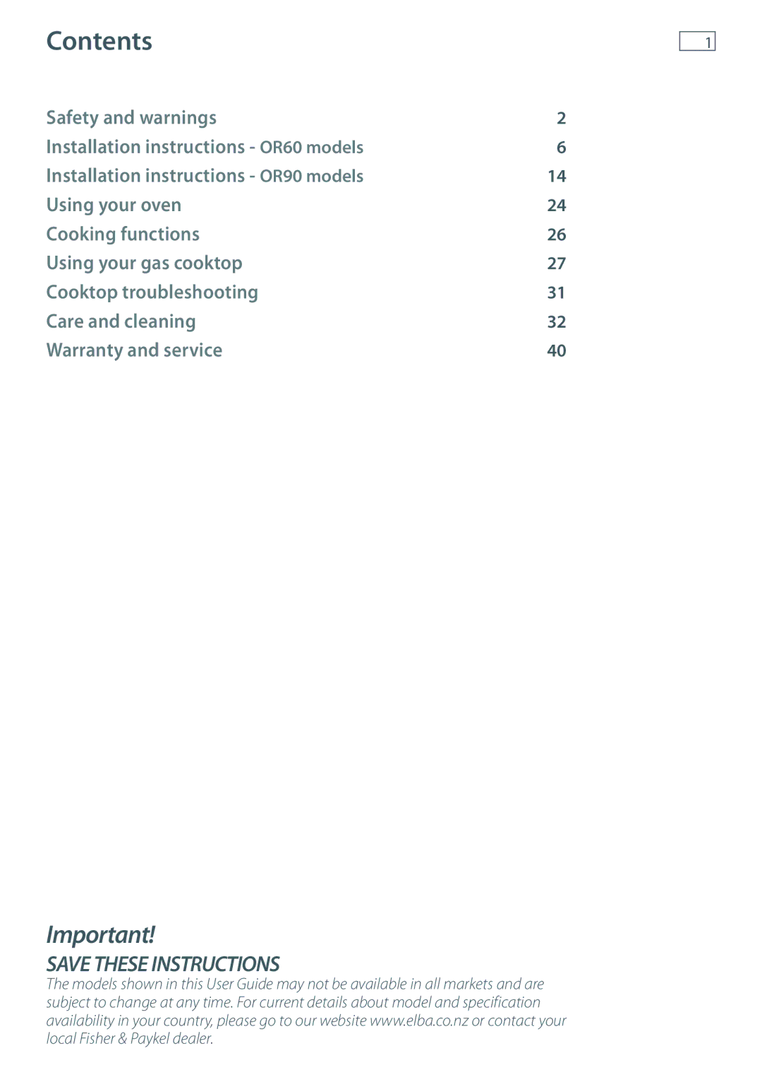 Fisher & Paykel OR60, OR90 installation instructions Contents 