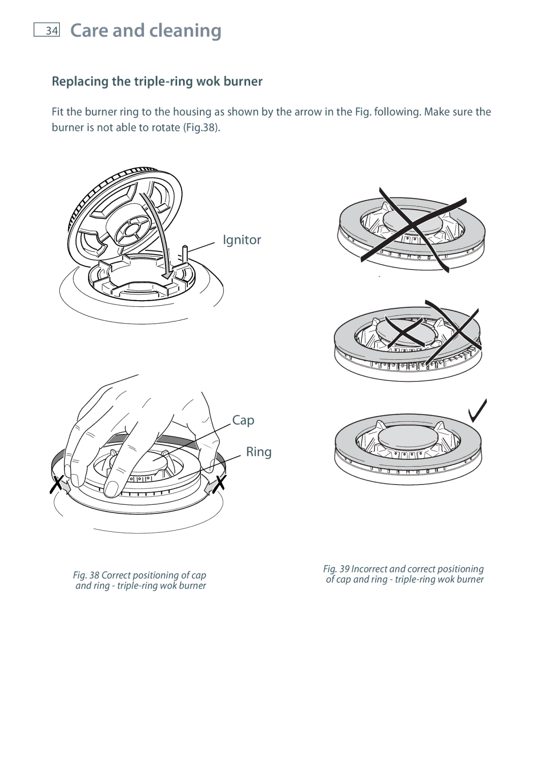 Fisher & Paykel OR90 Replacing the triple-ring wok burner, Correct positioning of cap and ring triple-ring wok burner 