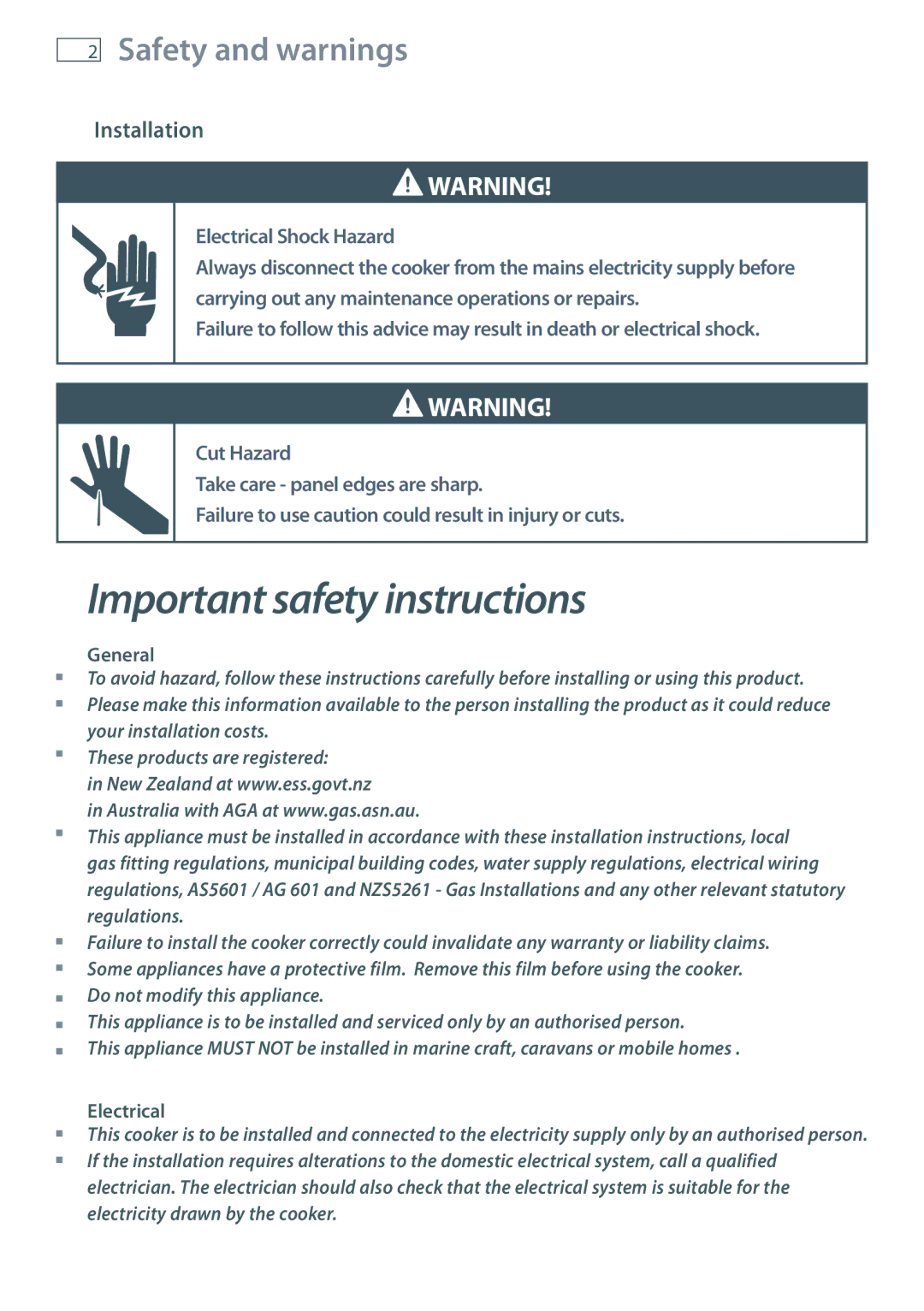 Fisher & Paykel OR90, OR60 installation instructions Safety and warnings, Installation 