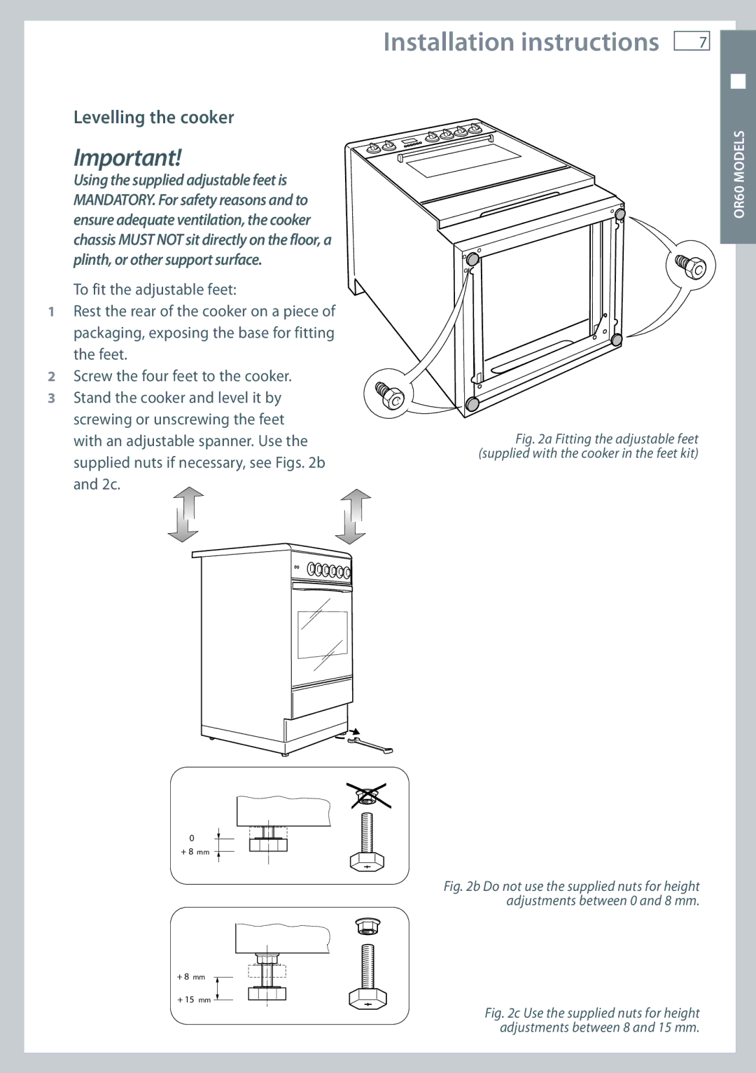 Fisher & Paykel OR60, OR90 installation instructions Levelling the cooker 