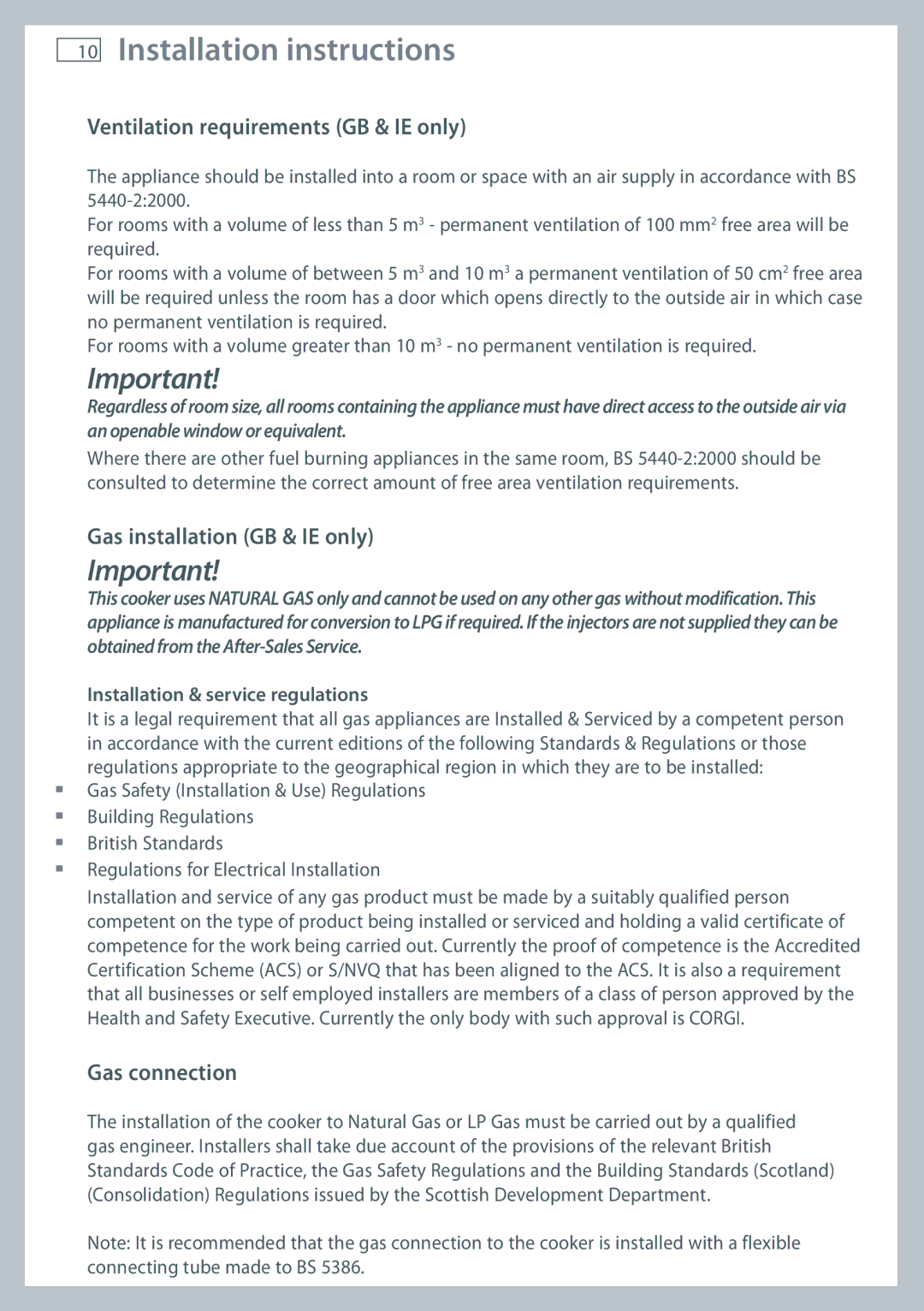 Fisher & Paykel OR90 Ventilation requirements GB & IE only, Gas installation GB & IE only, Gas connection 