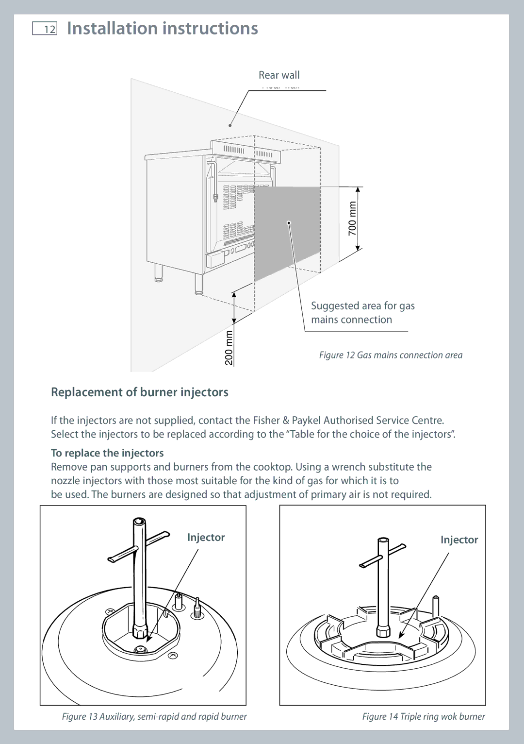 Fisher & Paykel OR90 installation instructions Replacement of burner injectors, To replace the injectors, Injector 