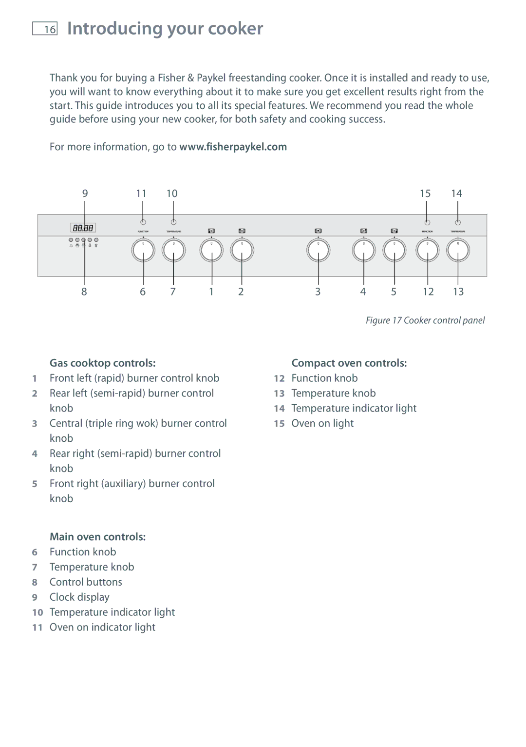 Fisher & Paykel OR90 installation instructions Introducing your cooker, Gas cooktop controls, Main oven controls 