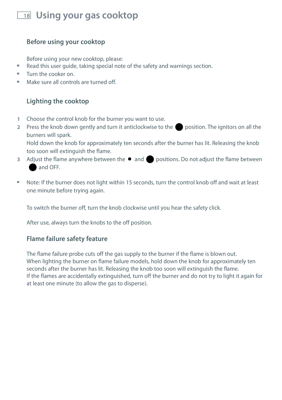 Fisher & Paykel OR90 Before using your cooktop, Lighting the cooktop, Flame failure safety feature 