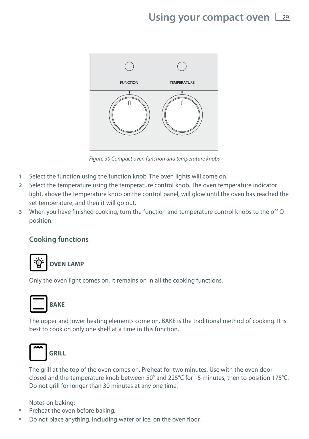 Fisher & Paykel OR90 installation instructions Using your compact oven, Cooking functions 