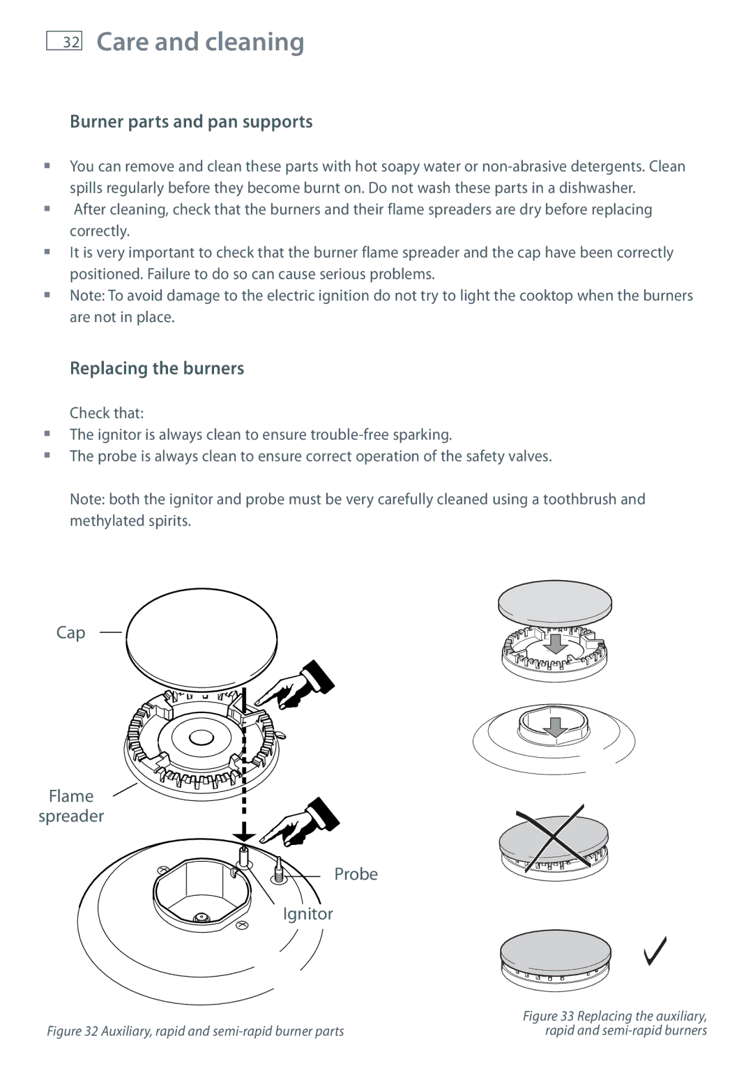 Fisher & Paykel OR90 installation instructions Burner parts and pan supports, Replacing the burners 