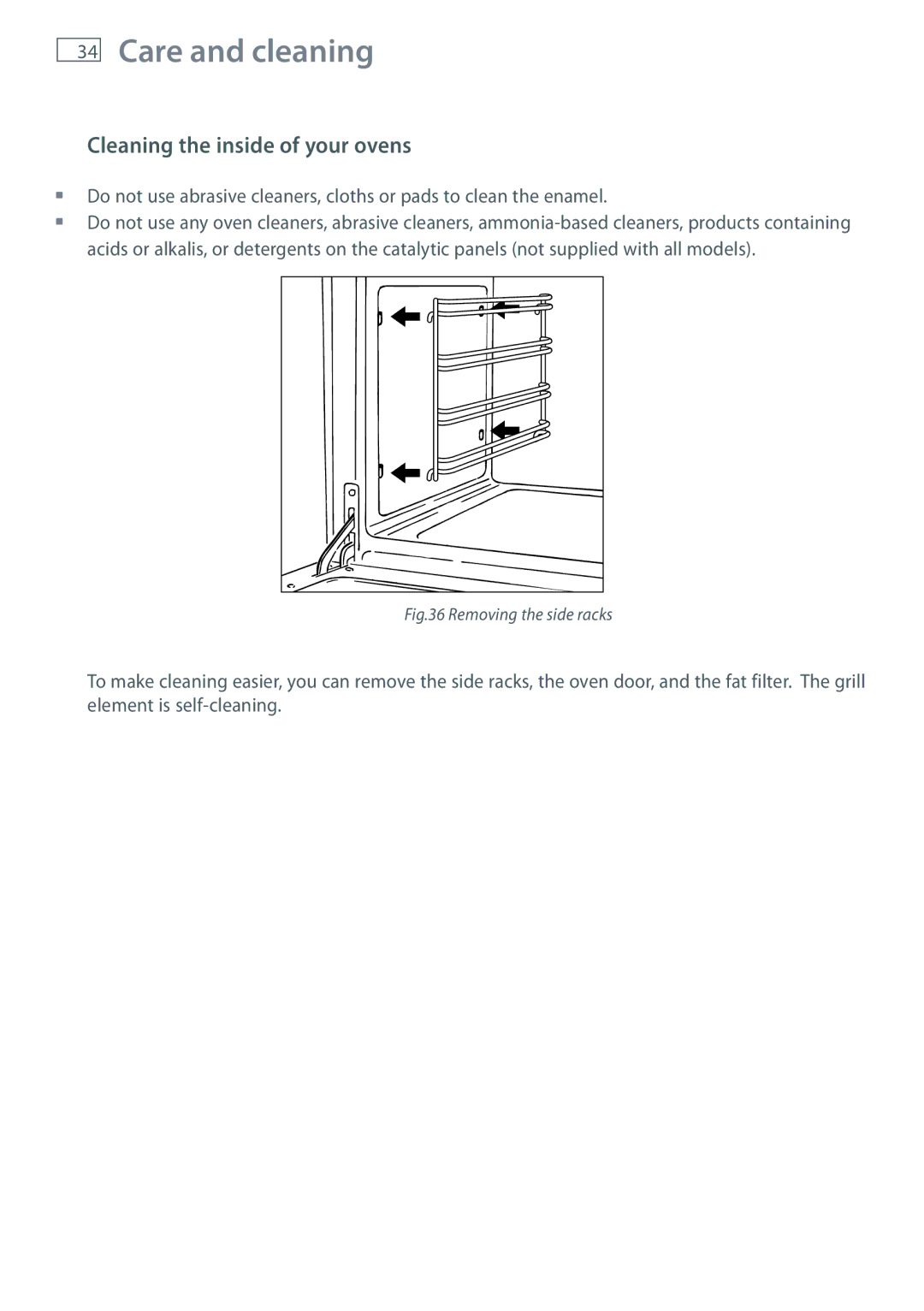 Fisher & Paykel OR90 installation instructions Cleaning the inside of your ovens, Removing the side racks 