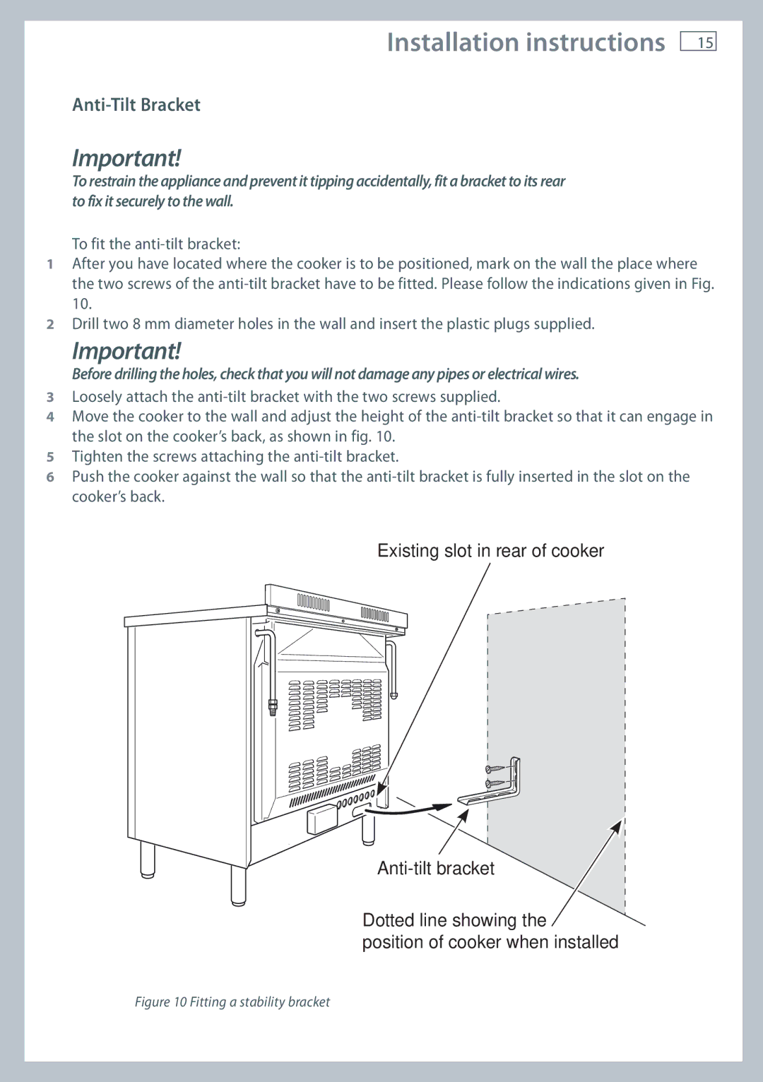 Fisher & Paykel OR90L installation instructions Anti-Tilt Bracket, Fitting a stability bracket 