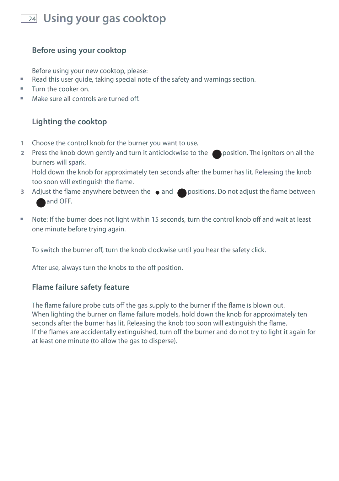 Fisher & Paykel OR90L Before using your cooktop, Lighting the cooktop, Flame failure safety feature 