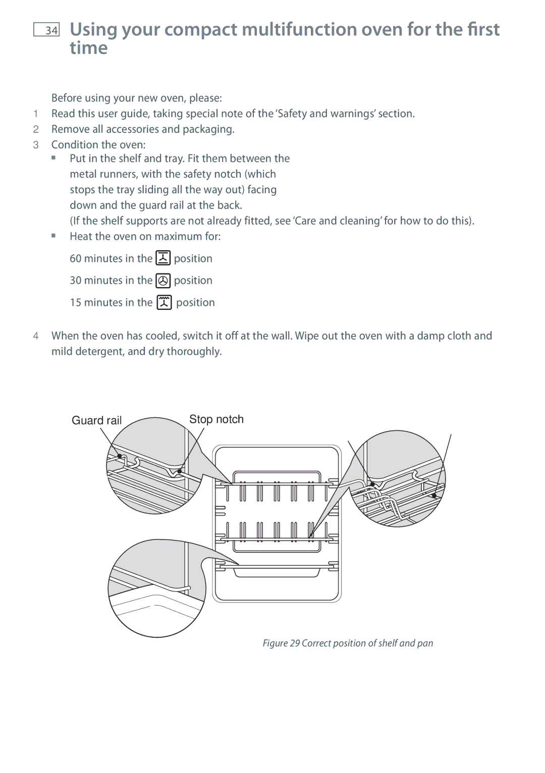 Fisher & Paykel OR90L Using your compact multifunction oven for the first time, Correct position of shelf and pan 