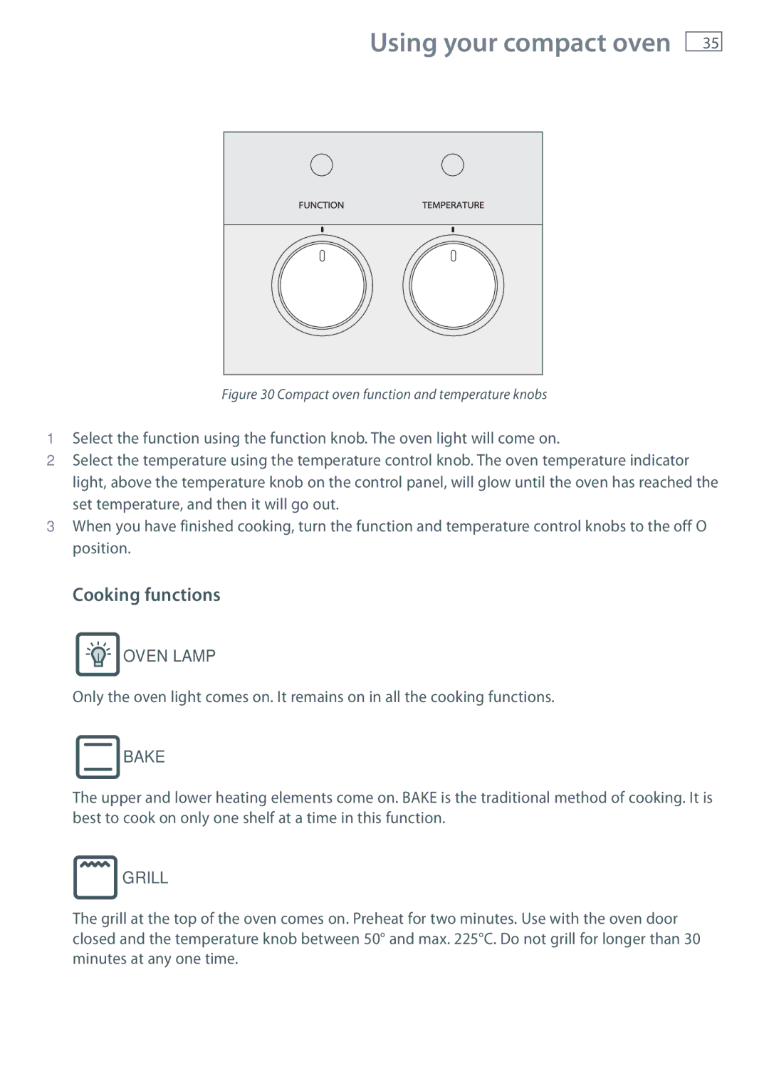 Fisher & Paykel OR90L installation instructions Using your compact oven, Cooking functions 