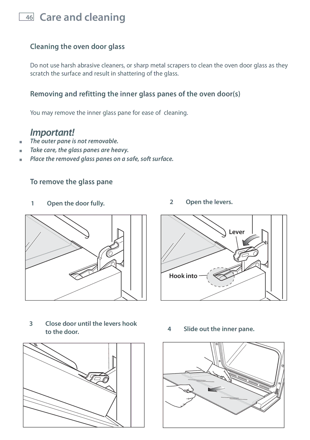 Fisher & Paykel OR90L installation instructions Cleaning the oven door glass, To remove the glass pane 