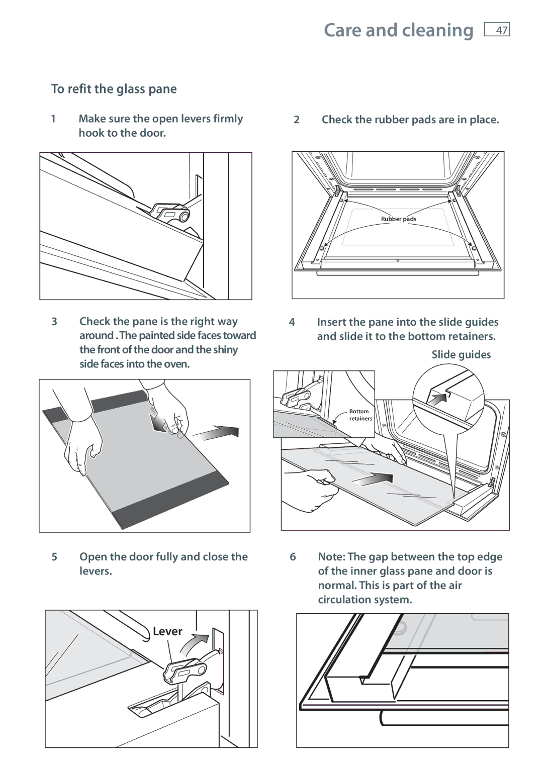 Fisher & Paykel OR90L installation instructions To refit the glass pane, Check the rubber pads are in place 