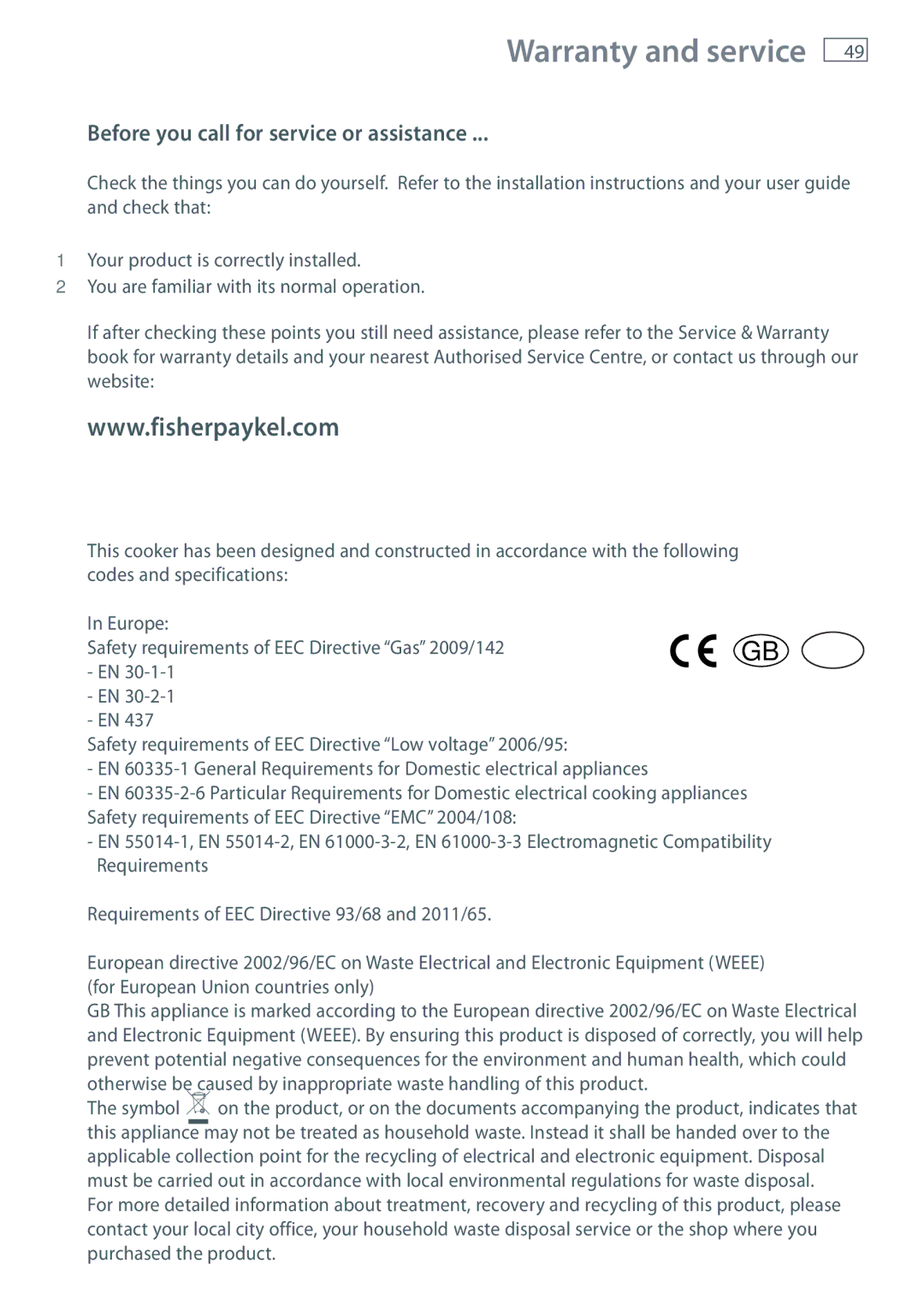 Fisher & Paykel OR90L installation instructions Warranty and service, Before you call for service or assistance 