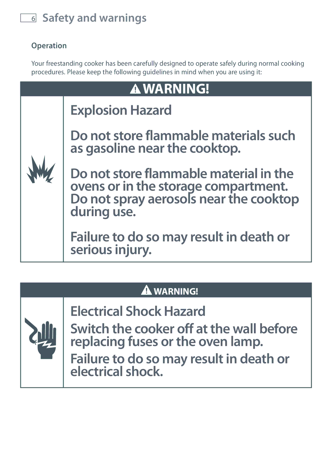 Fisher & Paykel OR90L installation instructions Explosion Hazard, Operation 