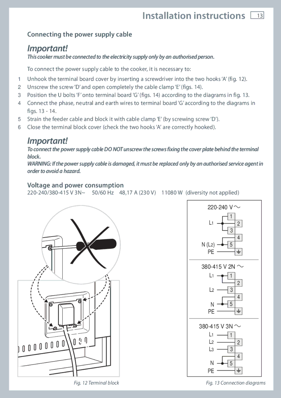 Fisher & Paykel OR90SBDSIX installation instructions Connecting the power supply cable, Voltage and power consumption 