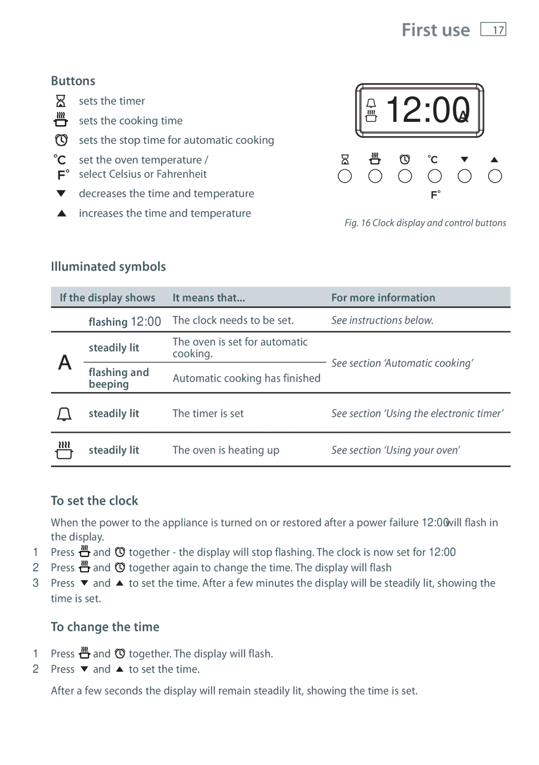 Fisher & Paykel OR90SBDSIX installation instructions Buttons, Illuminated symbols, To set the clock, To change the time 