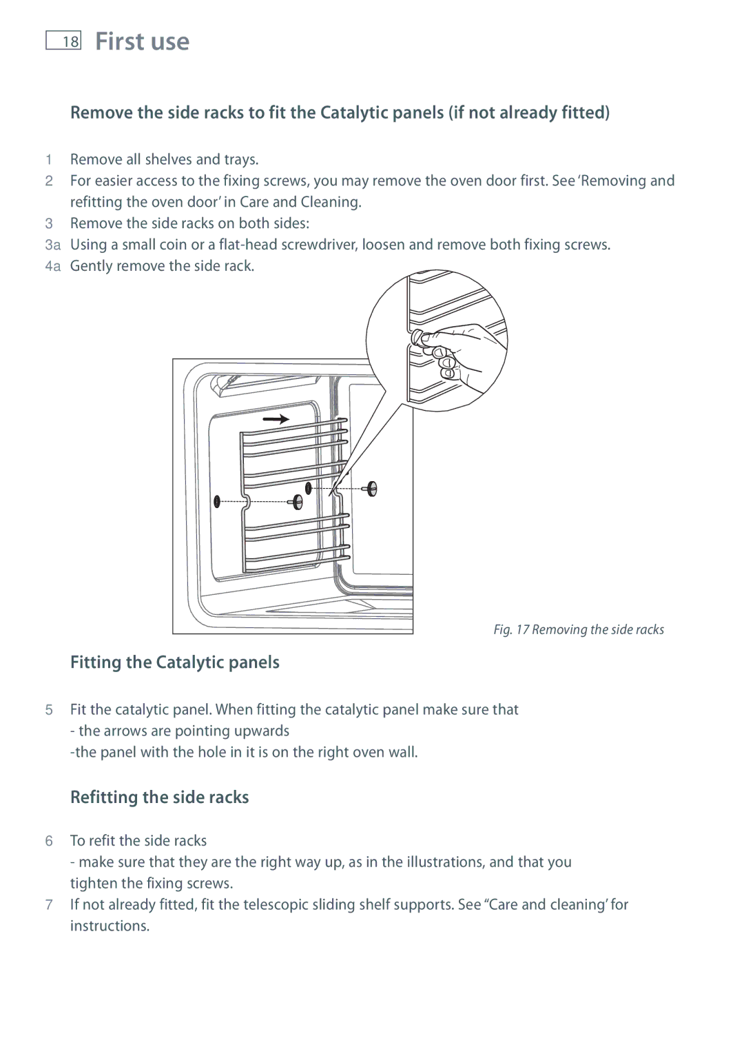 Fisher & Paykel OR90SBDSIX installation instructions Fitting the Catalytic panels, Refitting the side racks 