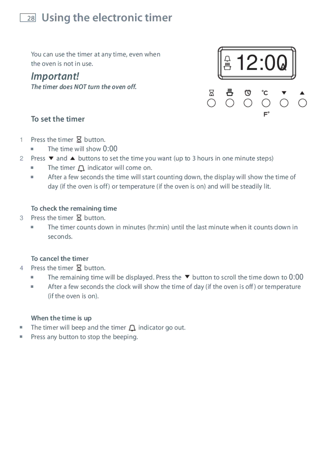Fisher & Paykel OR90SBDSIX Using the electronic timer, To set the timer, To check the remaining time, To cancel the timer 