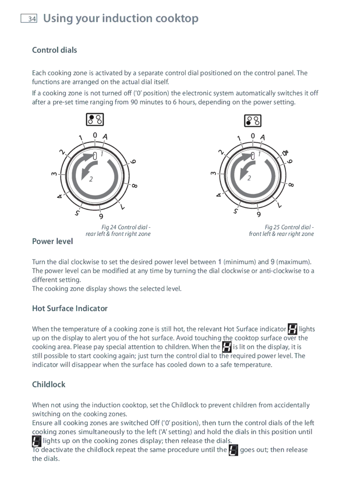 Fisher & Paykel OR90SBDSIX Using your induction cooktop, Control dials, Power level, Hot Surface Indicator, Childlock 