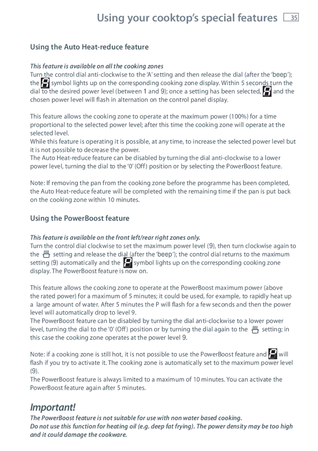 Fisher & Paykel OR90SBDSIX installation instructions Using the Auto Heat-reduce feature, Using the PowerBoost feature 