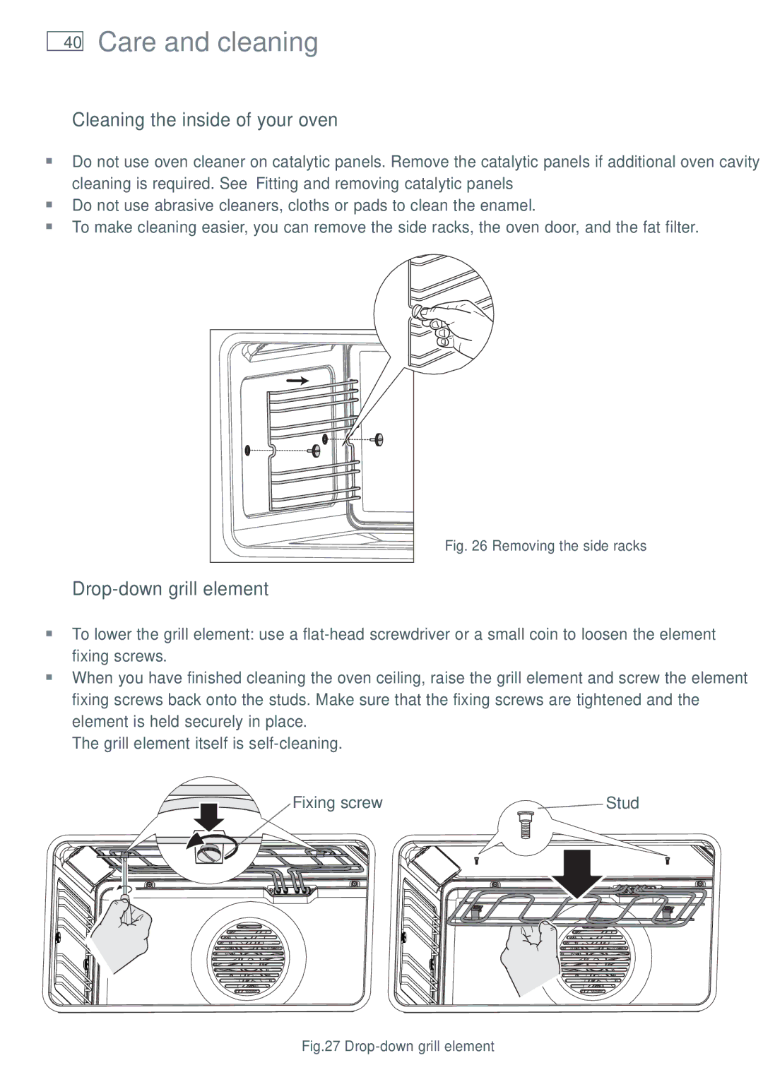 Fisher & Paykel OR90SBDSIX installation instructions Cleaning the inside of your oven, Drop-down grill element 