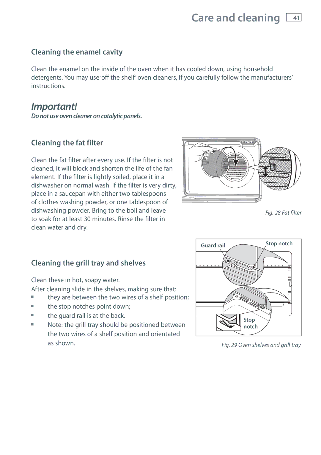 Fisher & Paykel OR90SBDSIX Cleaning the enamel cavity, Cleaning the fat filter, Cleaning the grill tray and shelves 