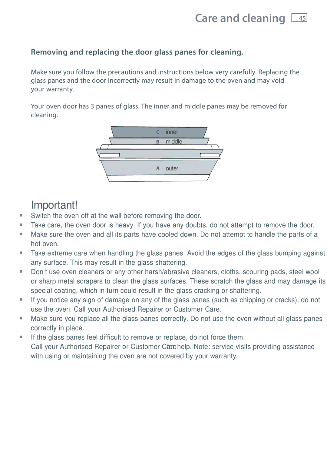 Fisher & Paykel OR90SBDSIX installation instructions Removing and replacing the door glass panes for cleaning 